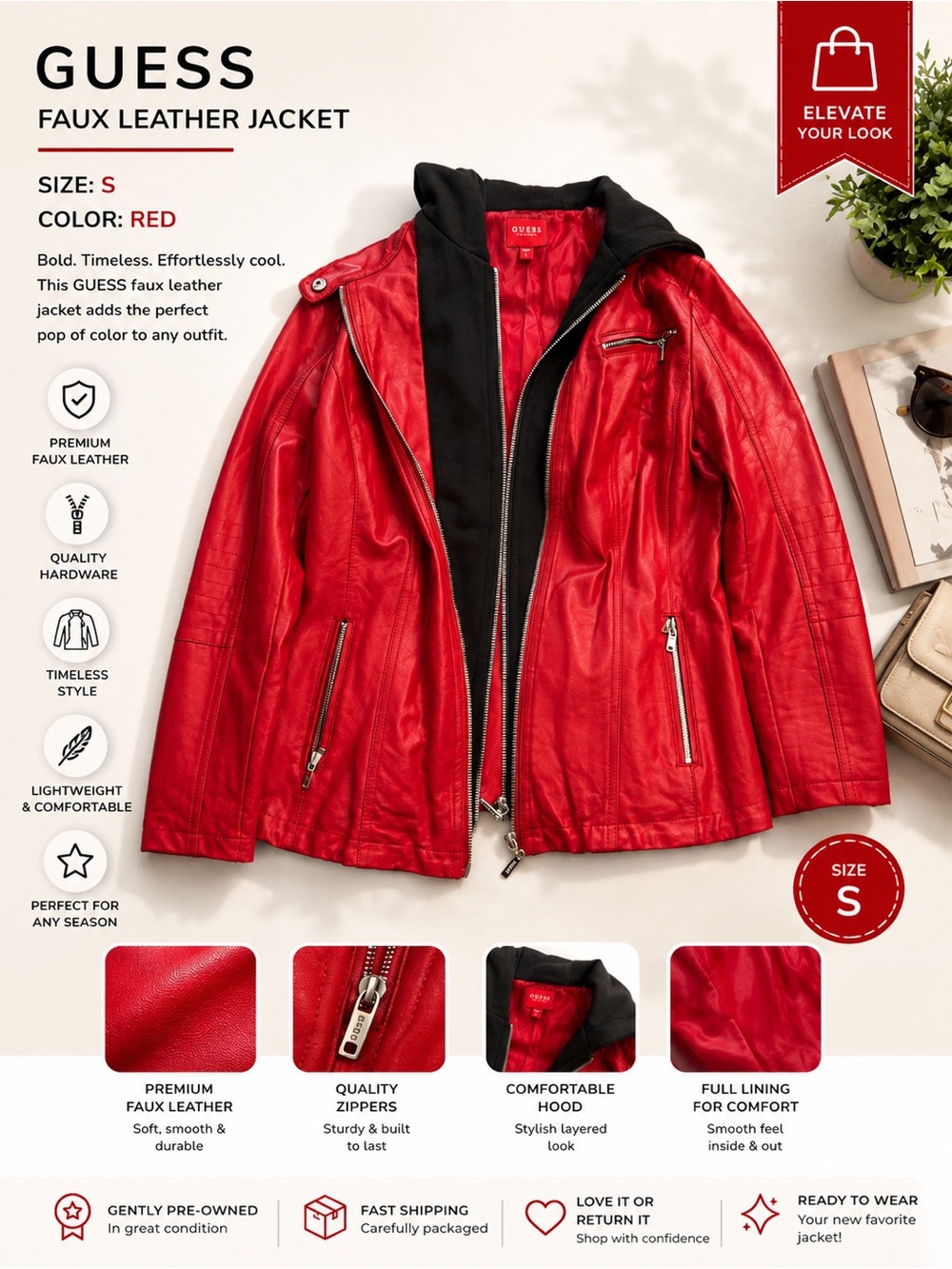 GUESS Red Faux Leather Hooded Jacket